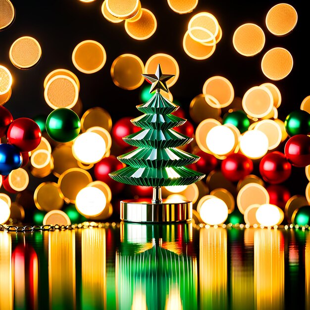 Photo mini arbre de noël brillant et minuscule et joyeux et ornements devant des arrière-plans de lumières bokeh