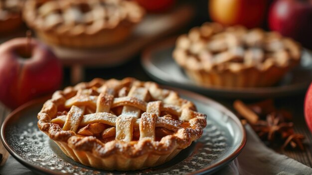 Mini assiette de tarte aux pommes contre une table de buffet de dessert