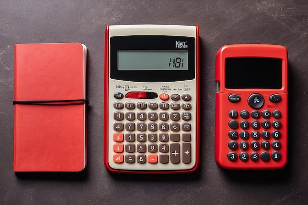 Mini calculatrice vue de dessus à côté du carnet rouge