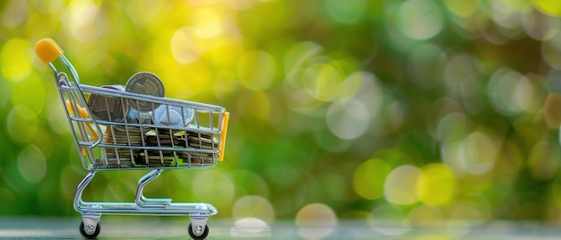 Un mini chariot d'achat rempli de pièces d'argent sur un fond vert flou