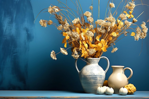 Mini citrouilles blanches et fleurs séchées sur fond de béton bleu copiez l'espace pour le texte AI générative