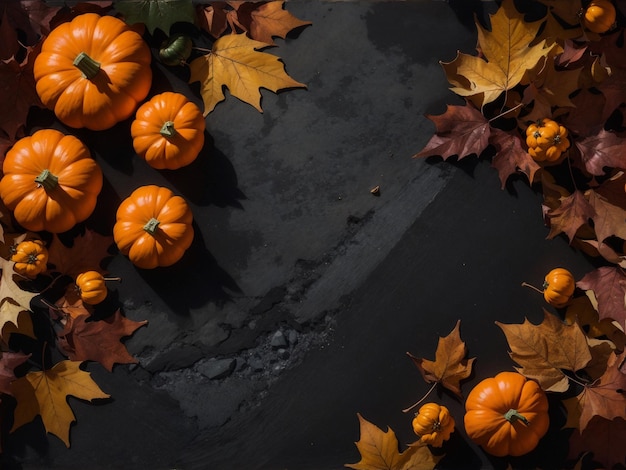 Mini citrouilles et feuilles d'élégance automnale sur pierre sombre