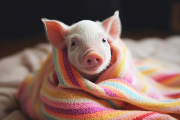 Mini cochon blanc mignon assis sous une douce couverture tricotée ai générative