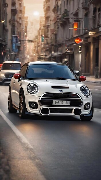 Un mini coupé blanc sur la route.