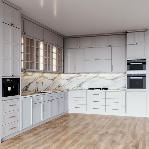 Mini-cuisine en 3D avec armoire en bois et plancher en bois