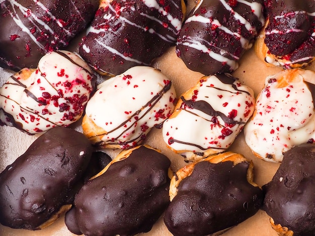 Mini délicieux éclairs au chocolat closeup fond doux