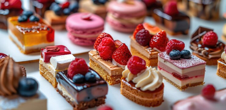 Photo mini-desserts assortis avec des baies fraîches et de la crème exposés