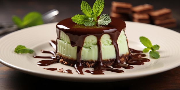 Mini gâteau au fromage avec glaçage au chocolat et menthe sur une assiette blanche