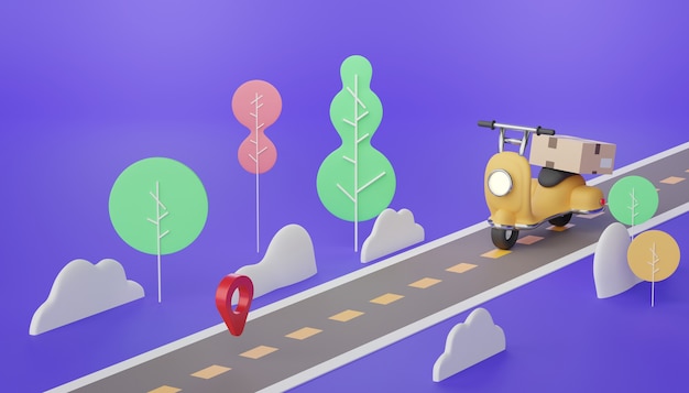 Mini livraison de colis de scooter de rendu 3D sur la route et la ville