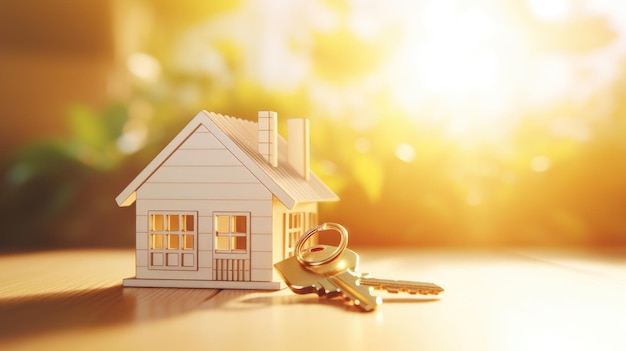 Une mini maison avec des clés au sol avec des arbres en arrière-plan