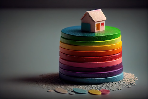 Mini-maison colorée sur une pile de pièces Concept de propriété d'investissement Maison miniature sur une pile co