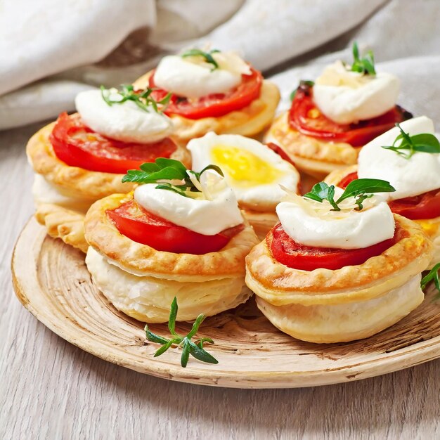 Photo des mini-puffs avec des tomates, du fromage et des œufs.