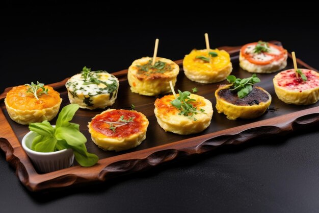 Mini quiches sur plateau de service aux saveurs variées