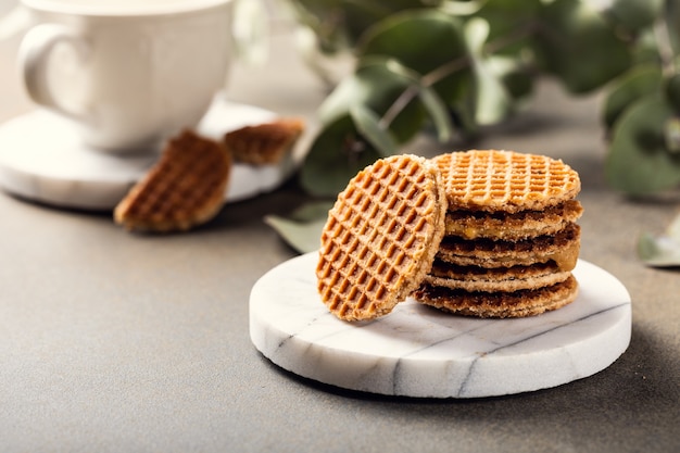 Mini stroopwafel, siropwaffles cookies avec tasse de thé et brindilles d'eucalyptus sur une surface légère avec espace de copie