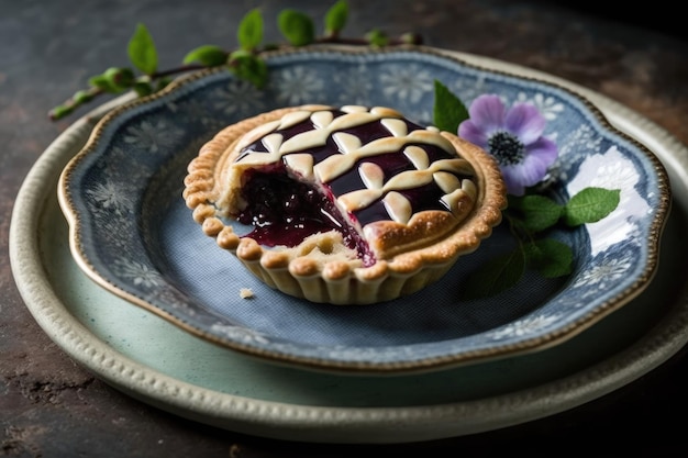 Mini tarte aux prunes maison sucrée avec glaçage brillant sur assiette