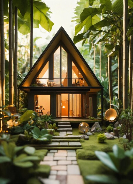 Miniature géométrique et maison de dessin animé dans le style de la jungle