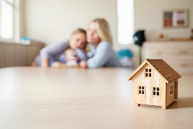 Miniature d'une maison en bois à l'étage d'une jeune famille en arrière-plan