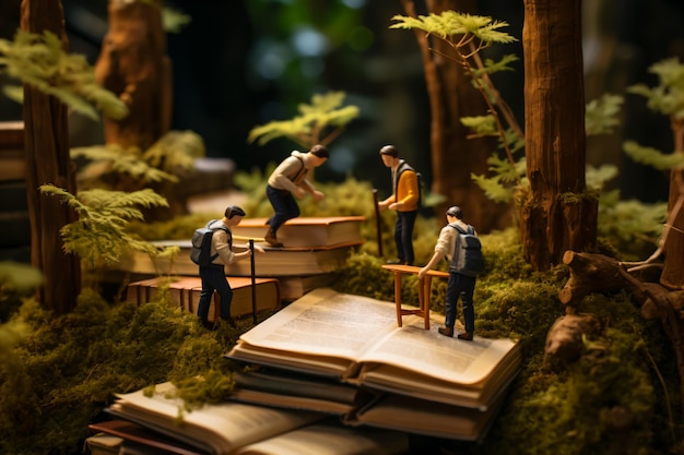 Photo miniatures explorant la forêt des livres
