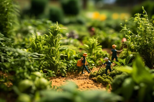 Miniatures voyageant à travers une forêt végétale