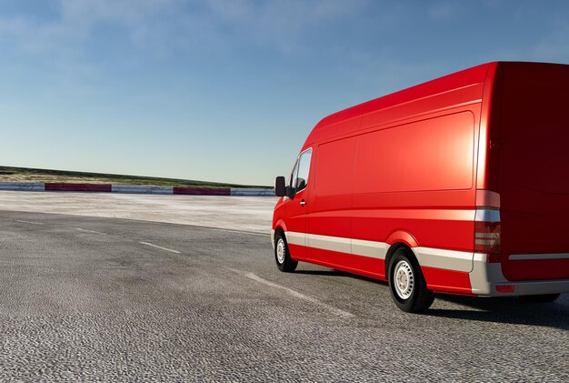 Minibus cargo rouge sur le rendu 3D de la route