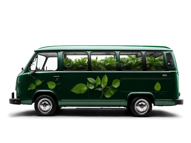 un minibus avec des feuilles vertes et des symboles d'énergie renouvelable pour mettre en évidence l'écotourisme