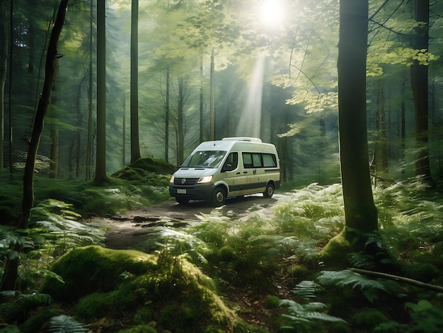 Minibus vert clair dans la forêt Le concept de la vie dans un van Ai Generative