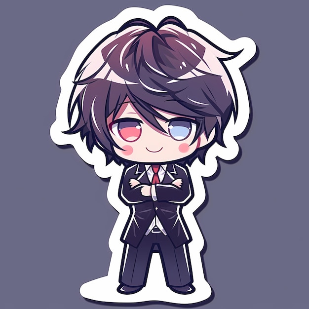 Minimal japonais Kawaii Butler Boy Chibi Anime Vector Art Sticker avec Clean Bold Line Cute Simple