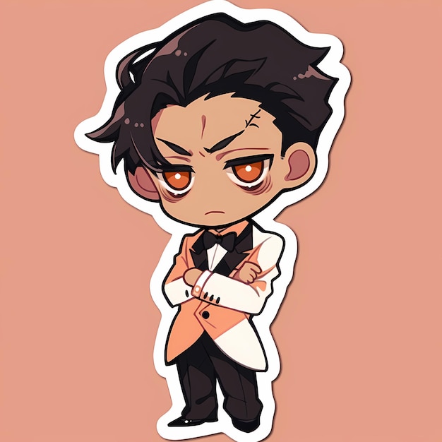 Minimal japonais Kawaii Butler Boy Chibi Anime Vector Art Sticker avec Clean Bold Line Cute Simple