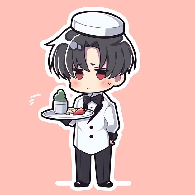 Minimal japonais Kawaii Butler Boy Chibi Anime Vector Art Sticker avec Clean Bold Line Cute Simple