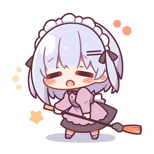 Minimal japonais qui pleure Kawaii Maid Girl Sweeping Chibi Anime Vector Art Sticker avec Clean Bold