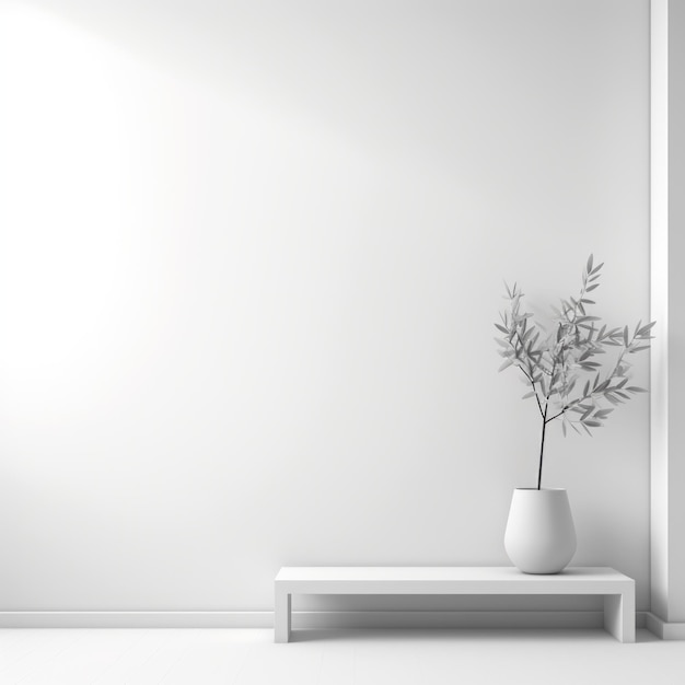 Photo minimalisme contemplatif chambre blanche avec plante dans un vase rendering 3d