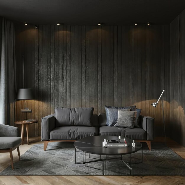 minimalisme design d'intérieur du salon humeur sombre