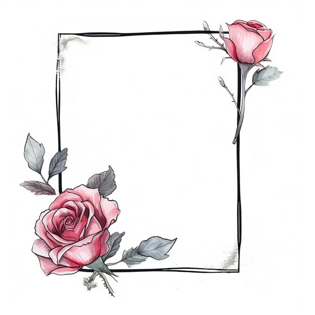 Photo le minimalisme gracieux les lignes fines noires encadrent une rose à l'aquarelle sur un fond blanc serein