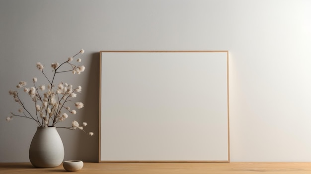 Minimalisme japonais Modèle de cadre d'image en blanc sur table en bois