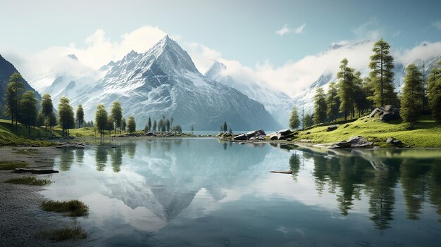 Photo minimaliste lac alpin clarté de l'eau reflétant la simplicité et la tranquillité des montagnes rendu en 3d