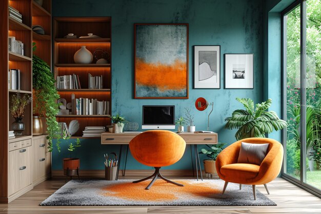 Photo minimalistes intérieurs scandinaves plantes de bureau à domicile dans le vase chaise de poste de travail à domicile et bureau co