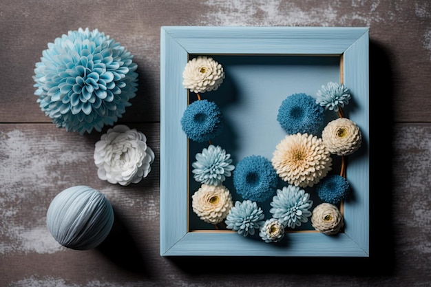 Des minivases contiennent des chrysanthèmes bleus Un cadre en bois vide est à proximité Fleurs dispersées Bois blanc