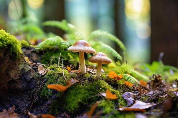 De minuscules champignons non comestibles champignons toxiques toile de fond boisée gros plan en plein air sauvage