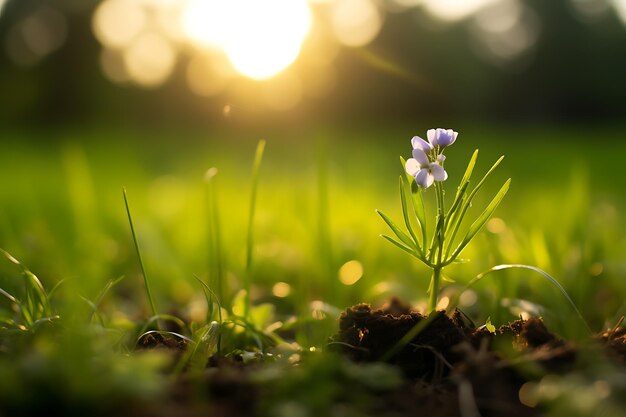 De minuscules fleurs de champ délicates parmi l'herbe verte sur fond de rayon de soleil