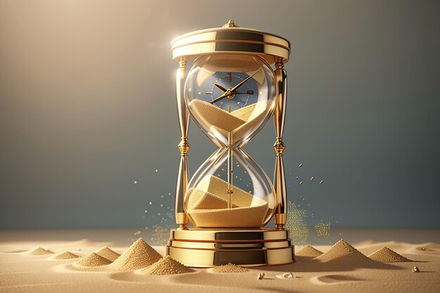 Minuterie d'horloge vintage en sablier de sable avec verre transparent et particules d'or Bannière du concept de chargement du temps d'exécution avec horloge de sable et espace de copie Illustration de rendu 3D Illustration 3D