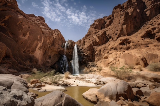 Mirage du désert d'une cascade imposante entourée d'un paysage désertique aride