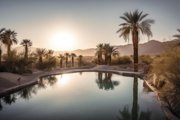 Mirage du désert d'une piscine d'eau scintillante avec des palmiers en arrière-plan