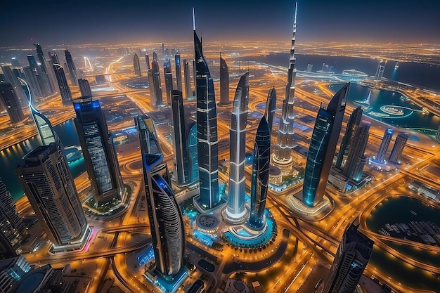 Émirats arabes unis Dubaï 17 décembre 2022 La ville de Dubaï la nuit Vue aérienne des gratte-ciel ou de la skyline de Dubaï avec le Burj Khalifa capturée du centre-ville de Dubaï, UAE