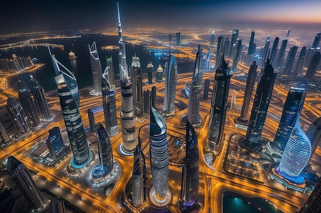 Émirats arabes unis Dubaï 17 décembre 2022 La ville de Dubaï la nuit Vue aérienne des gratte-ciel ou de la skyline de Dubaï avec le Burj Khalifa capturée du centre-ville de Dubaï, UAE