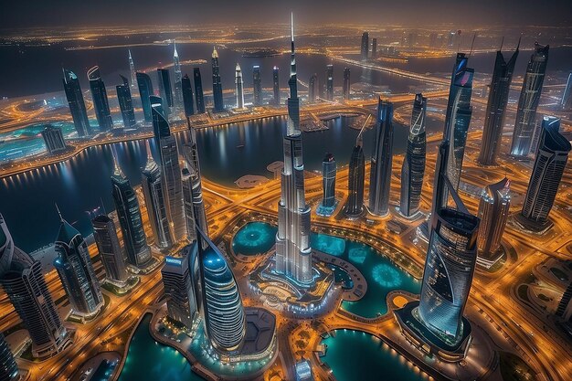 Émirats arabes unis Dubaï 17 décembre 2022 La ville de Dubaï la nuit Vue aérienne des gratte-ciel ou de la skyline de Dubaï avec le Burj Khalifa capturée du centre-ville de Dubaï, UAE