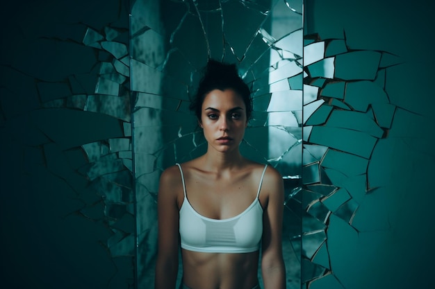 Miroir brisé et santé mentale avec le reflet d'une femme représentant un trouble bipolaire, identité partagée et anxiété