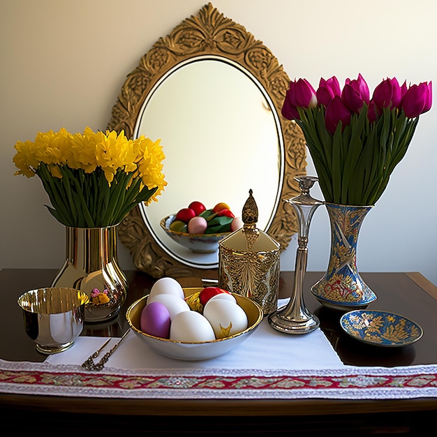 Un miroir avec un cadre doré sur le mur derrière la table a un vase de fleurs et un vase d'œufs de Pâques.