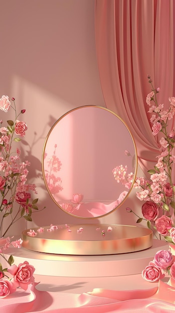 un miroir avec un cadre rose et des fleurs sur la table
