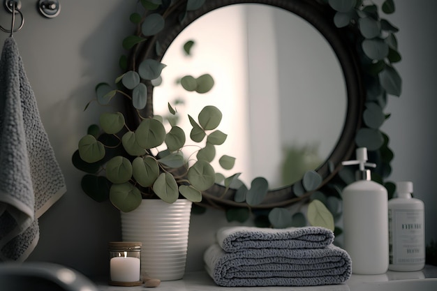 Un miroir avec une couronne d'eucalyptus et une bouteille de savon.