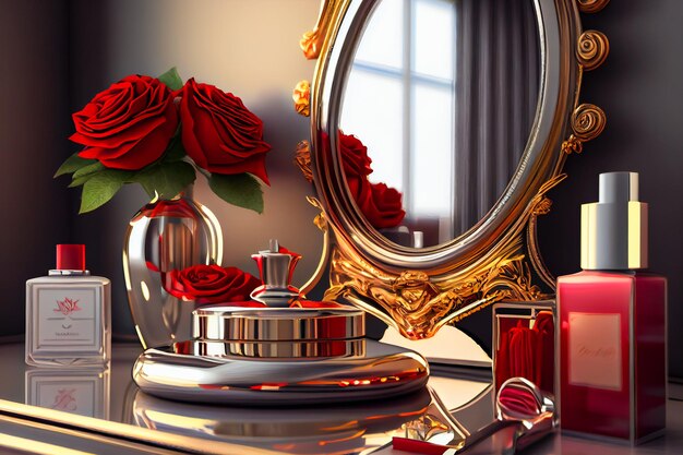 Un miroir fantastique avec des bouteilles de parfum, du rouge à lèvres et des roses de cobalt, des fleurs sur le bureau, une IA générative.